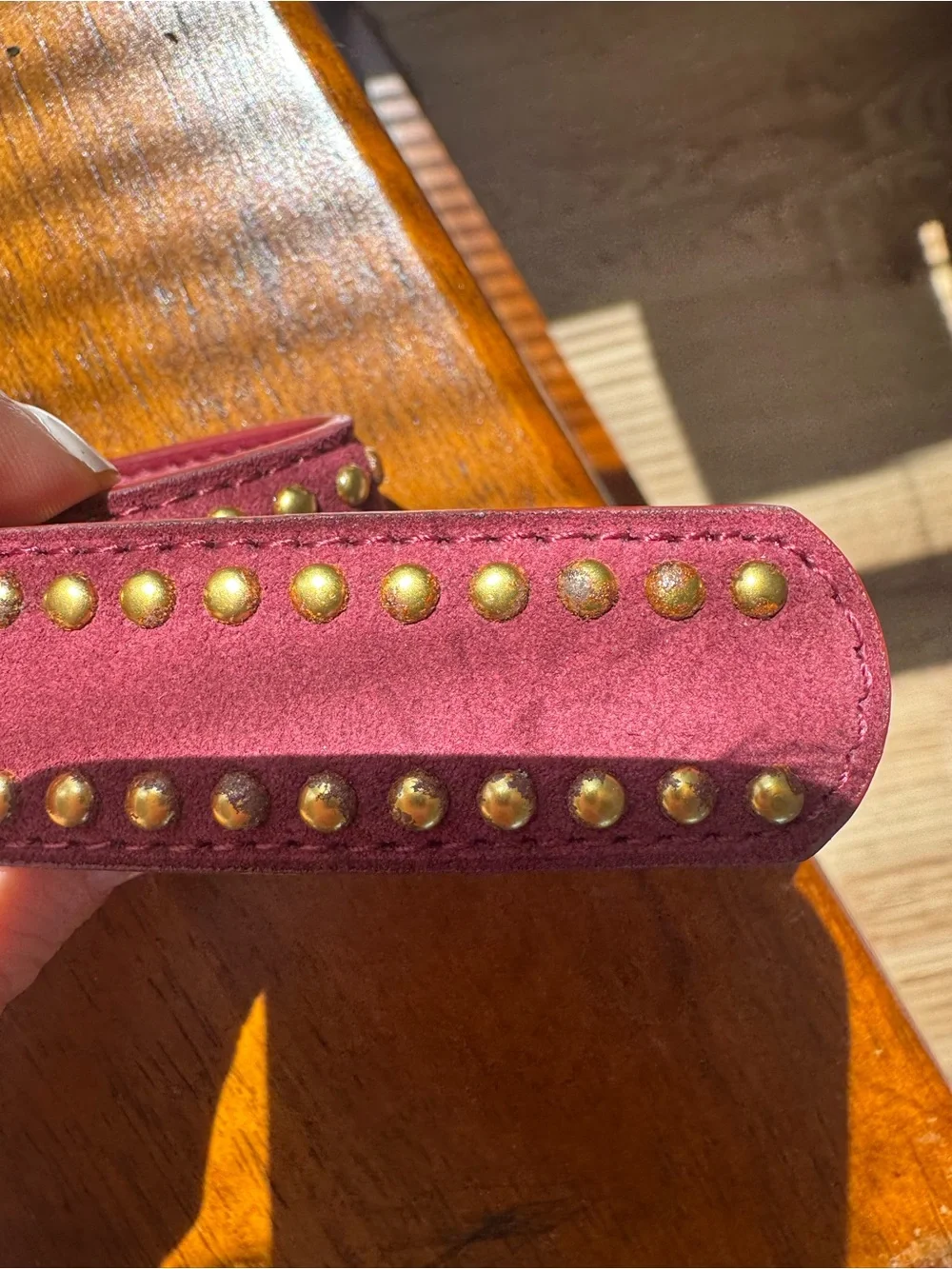 Studded Burgundy Suede Belt with Gold Buckle